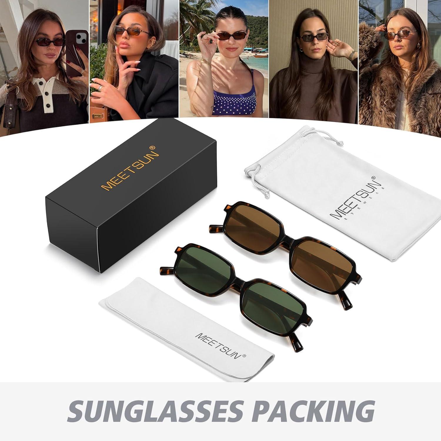 imageMEETSUN Retro Rectangular Sunglasses for Women Trendy Vintage 90s Small Square Sun Glasses UV Protection2packtortoiseBrowntortoiseDark Green