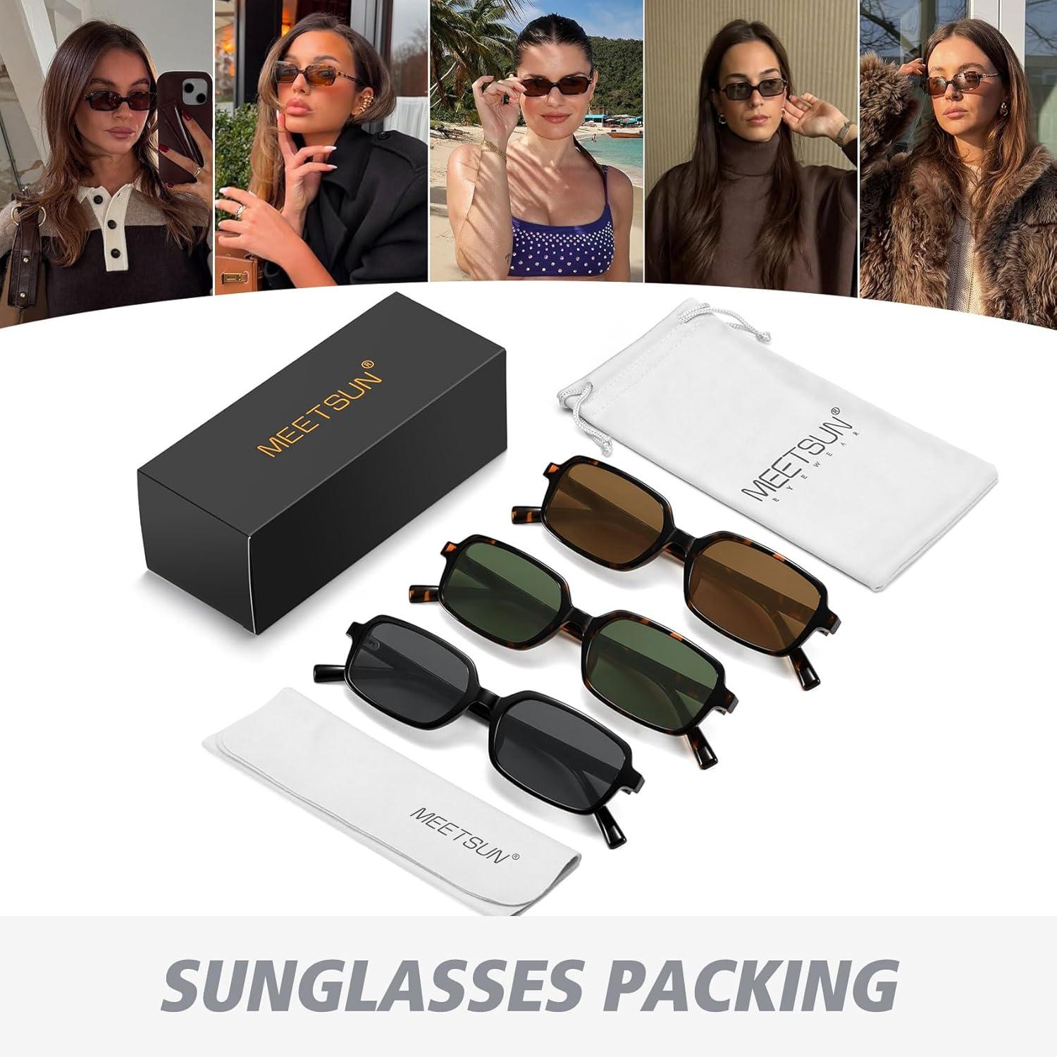 imageMEETSUN Retro Rectangular Sunglasses for Women Trendy Vintage 90s Small Square Sun Glasses UV Protection3packblackGraytortoiseBrowntortoiseDark Green