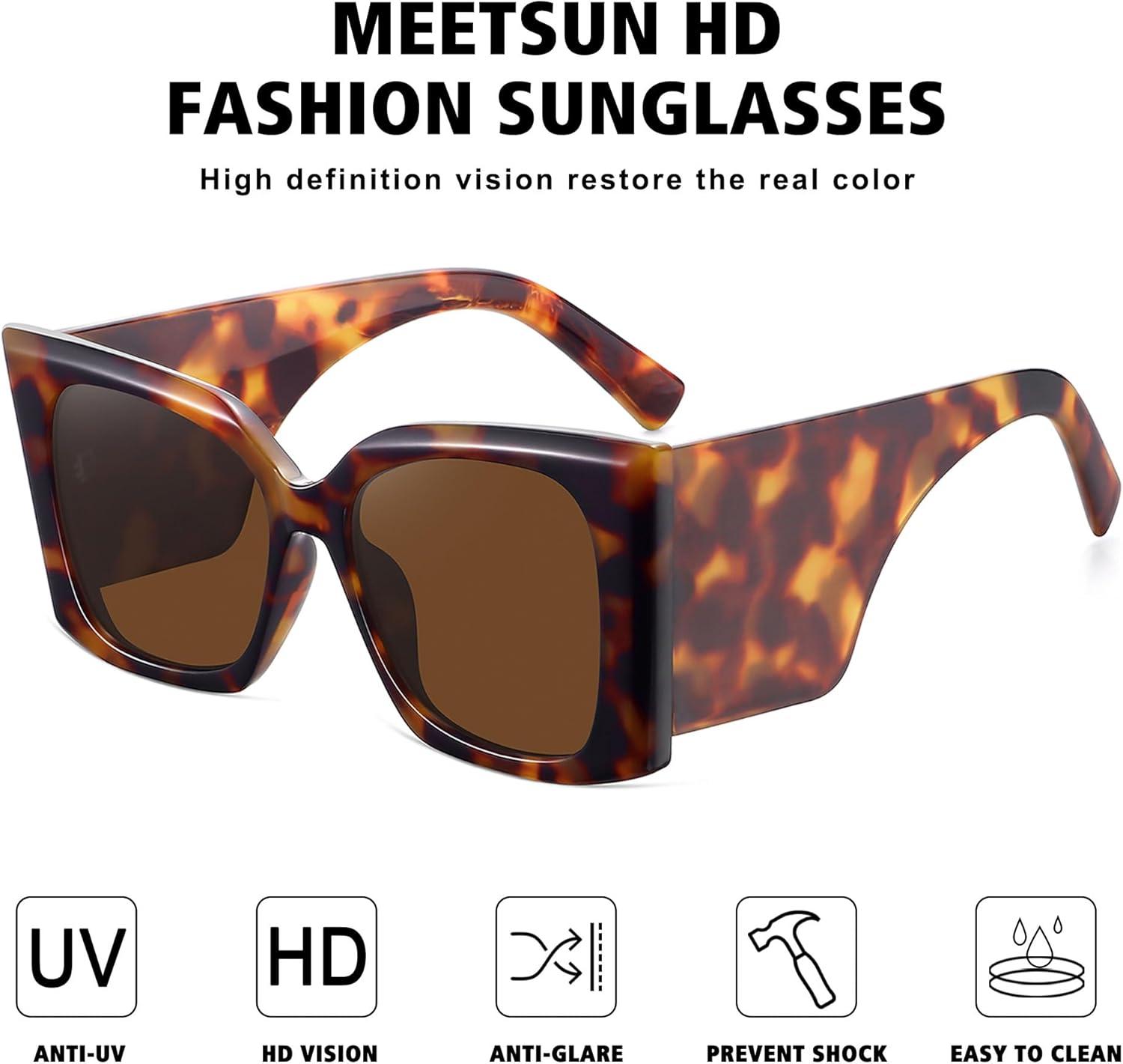 imageMEETSUN Trendy Retro Cat Eye Oversized Sunglasses for Women Stylish Vintage Wide Legs Square 90s Big Shades UV400 ProtectionTortoiseshell FrameBrown Lens