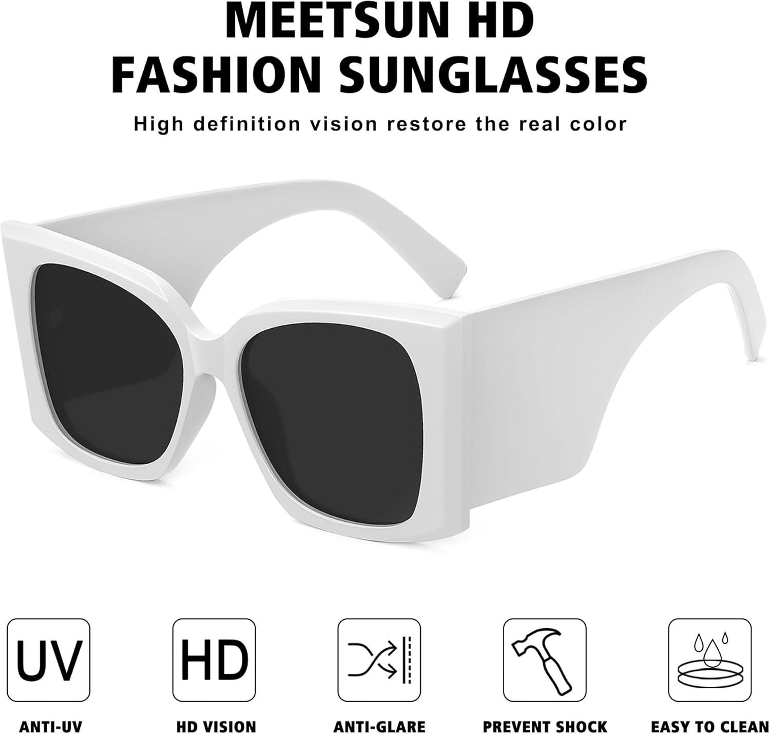 imageMEETSUN Trendy Retro Cat Eye Oversized Sunglasses for Women Stylish Vintage Wide Legs Square 90s Big Shades UV400 ProtectionWhite FrameGray Lens