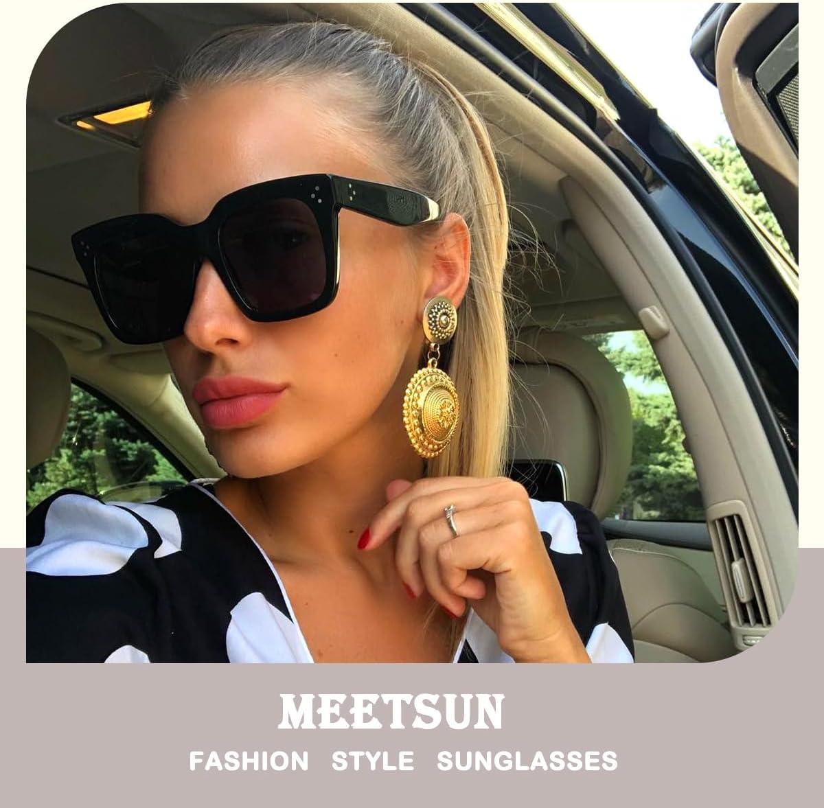 imageMEETSUN Vintage Square Oversized Sunglasses for Women Fashion Retro Designer Shades Big Trendy Large SunniesBlack  Grey