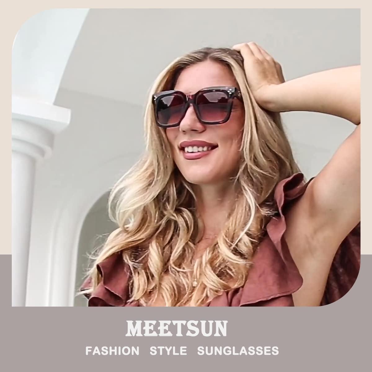 imageMEETSUN Vintage Square Oversized Sunglasses for Women Fashion Retro Designer Shades Big Trendy Large SunniesTortoiseBrown