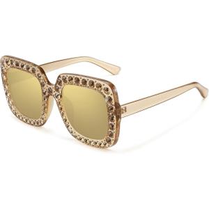 imageMEETSUN Elton Square Rhinestone Sunglasses  Oversized Bling for Women with Diamond Frames  70s Retro for Beach ampamp DiscoBrown FrameBrown Lens
