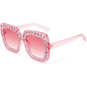 imageMEETSUN Elton Square Rhinestone Sunglasses  Oversized Bling for Women with Diamond Frames  70s Retro for Beach ampamp DiscoPink FramePink Gradient Lens