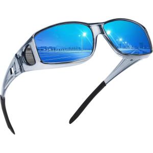 imageMEETSUN Fit Over Glasses Sunglasses for Men WomenWrap Around Sunglasses Polarized UV400 ProtectionClear Gray Frameblue Mirror Lens