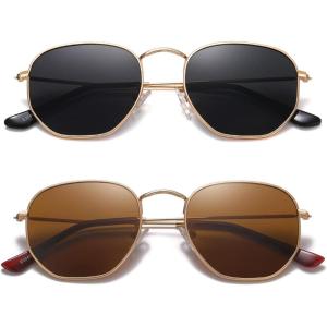 imageMEETSUN Polarized Hexagon Sunglasses for Women Men Polygon Square Sun Glasses UV400 Protection Metal Frame2 Packgold Graybrown Lens