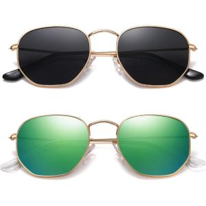 imageMEETSUN Polarized Hexagon Sunglasses for Women Men Polygon Square Sun Glasses UV400 Protection Metal Frame2 Packgold Graygreen Mirror Lens