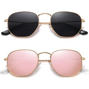 imageMEETSUN Polarized Hexagon Sunglasses for Women Men Polygon Square Sun Glasses UV400 Protection Metal Frame2 Packgold Graypink Mirror Lens