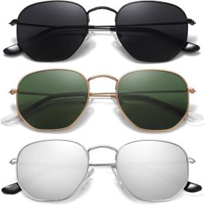 imageMEETSUN Polarized Hexagon Sunglasses for Women Men Polygon Square Sun Glasses UV400 Protection Metal Frame3pack Black Graysilvergold Dark Green