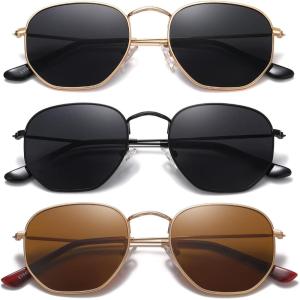 imageMEETSUN Polarized Hexagon Sunglasses for Women Men Polygon Square Sun Glasses UV400 Protection Metal Frame3pack Gold Grayblack Graygold Brown