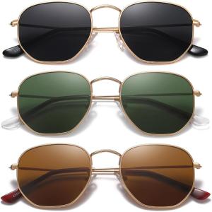 imageMEETSUN Polarized Hexagon Sunglasses for Women Men Polygon Square Sun Glasses UV400 Protection Metal Frame3pack Gold Graygold Browngold Dark Green