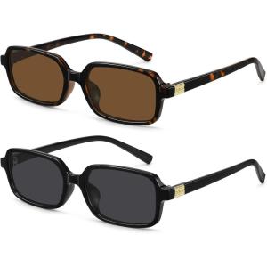 imageMEETSUN Retro Rectangular Sunglasses for Women Trendy Vintage 90s Small Square Sun Glasses UV Protection2packblackGraytortoiseBrown