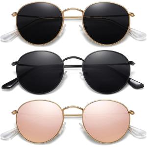 imageMEETSUN Round Polarized Sunglasses for Women Men Classic Retro Metal Frame Sun Glasses UV Protection3 Pack GoldGrey  BlackGrey  GoldPink