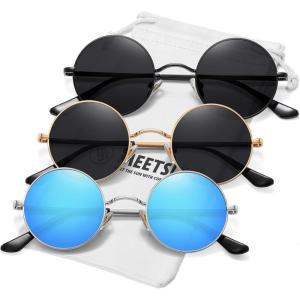 imageMEETSUN Small Round Polarized Sunglasses for Men Women Retro Vintage Circle Hippie Sun Glasses UV400Blackgold Greyblue