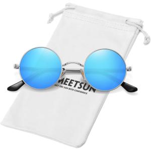 imageMEETSUN Small Round Polarized Sunglasses for Men Women Retro Vintage Circle Hippie Sun Glasses UV400Silver  Blue Mirrored