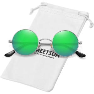 imageMEETSUN Small Round Polarized Sunglasses for Men Women Retro Vintage Circle Hippie Sun Glasses UV400Silver  Green Mirrored