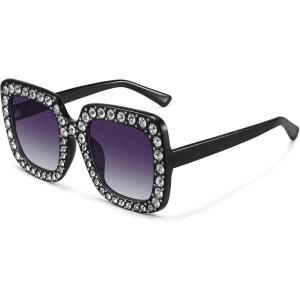 imageMEETSUN Elton Square Rhinestone Sunglasses  Oversized Bling for Women with Diamond Frames  70s Retro for Beach ampamp DiscoBlack FrameGrey Gradient Lens