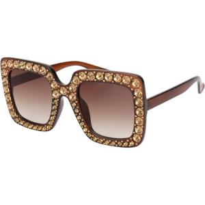 imageMEETSUN Elton Square Rhinestone Sunglasses  Oversized Bling for Women with Diamond Frames  70s Retro for Beach ampamp DiscoDark Brown FrameBrown Gradient Lens