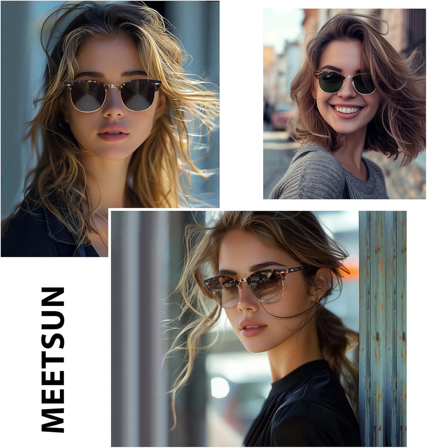 imageMEETSUN Retro Semi Rimless Polarized Sunglasses for Women Men Trendy Mirror Lens Driving Sun Glasses 3 Pack3 Pack Leopard BrownLeopard GreyTortoise Green