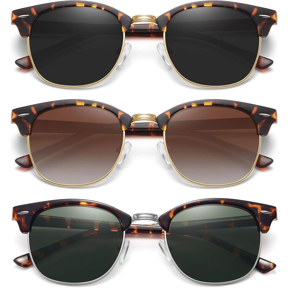 imageMEETSUN Retro Semi Rimless Polarized Sunglasses for Women Men Trendy Mirror Lens Driving Sun Glasses 3 Pack3 Pack Leopard BrownLeopard GreyTortoise Green
