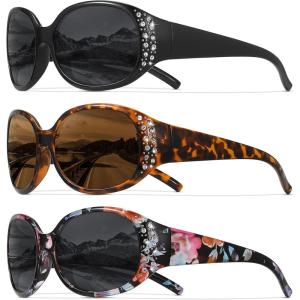 image:imageMEETSUN Retro Polarized Sunglasses for Women Trendy Rhinestone 60s 70s 80s Classic Driving Sun Glasses UV Protection3packblackleopard Brownflower Gray