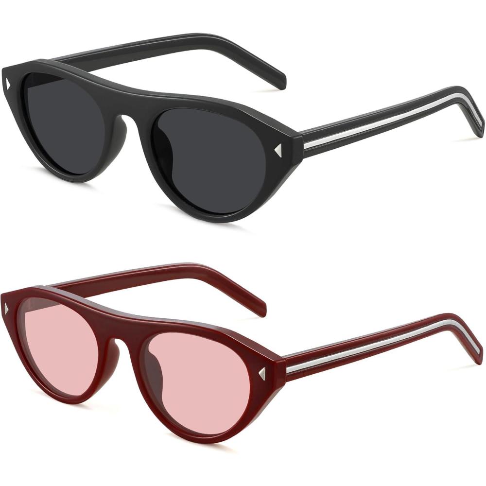 image:imageMEETSUN Trendy Cat Eye Sunglasses for Women Retro Oval Vintage Narrow Frame UV400 Protection for Driving Travel OutdoorC1 Black Frame C5 Red Wine Frame